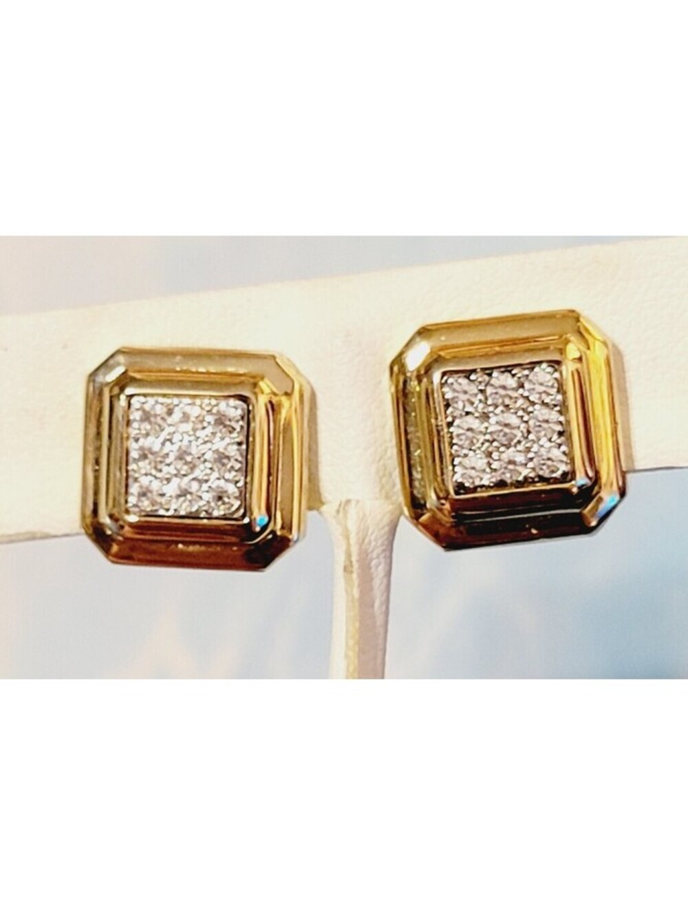 Vintage Petite Avon Rhinestone & Gold-tone Clip-On Earrings- Square wc-40